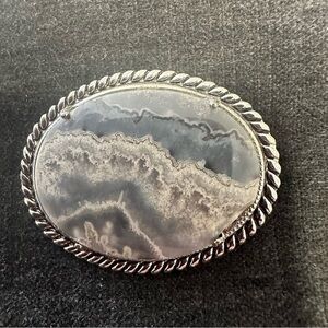 Vintage Grey Agate Cabochon Brooch Oval Silver Tone Rope Edge